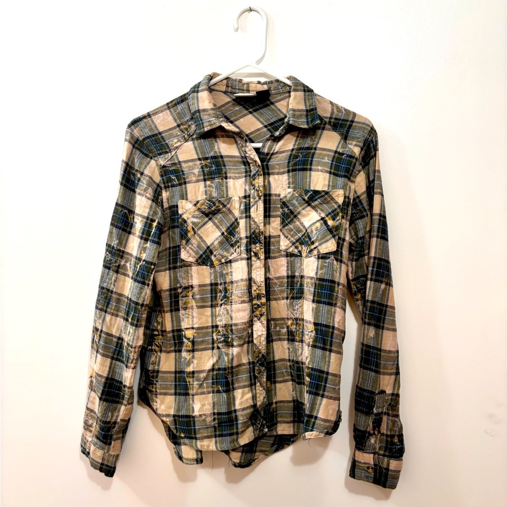 Small; I am M it fits; sleeves are just short now Plaid Flannel Green tan brown